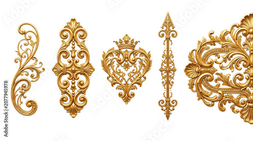 Vintage gold baroque ornaments, luxury golden filigree decorative elements, antique royal wood carving set, ornate metallic scrollwork for interior design isolated PNG with Transparent Background