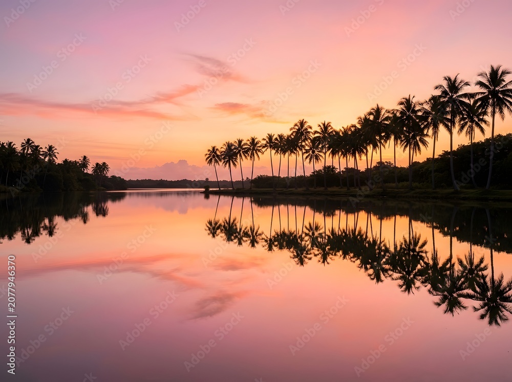 Obraz premium Silhouette of Palm Trees Reflected in Water at Tropical Sunrise