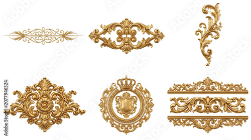 Vintage gold baroque ornament set, luxury 3D golden filigree decorative elements, antique royal wood carving scrollwork for interior design isolated PNG with Transparent Background