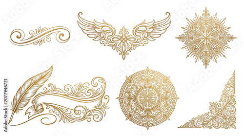 Vintage gold filigree ornaments set, elegant baroque decorative elements, luxury golden scrollwork and mandala illustrations for wedding invitations isolated PNG with Transparent Background