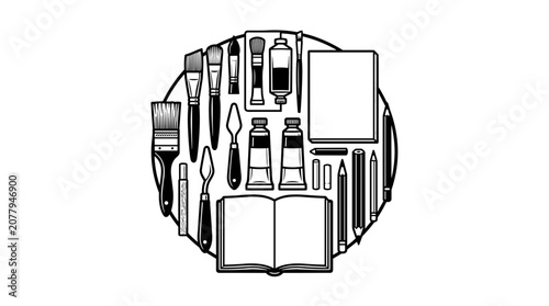 Art supplies arranged in a circle for creative design.