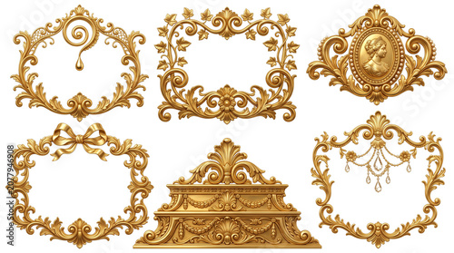Vintage gold baroque frame set, ornate golden rococo borders with floral filigree, luxury antique metallic picture frames for wedding invitations isolated PNG with Transparent Background