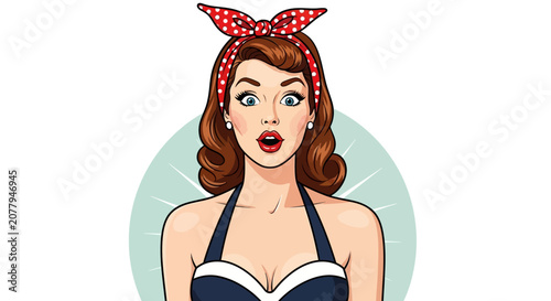 Tableau sur toile Surprised Retro Pin-Up Girl with Red Headband in Pop Art Style on Isolated White