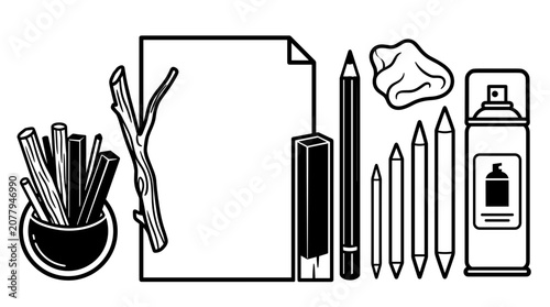Art supplies for drawing and sketching on white paper.
