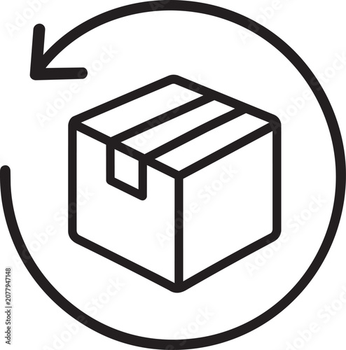 Black line icon of package with circular return arrow