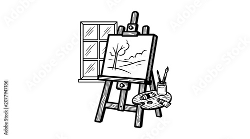 Artist Easel with Painting and Supplies by Window.