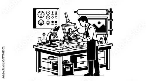 Artist painting portrait in laboratory studio setting.