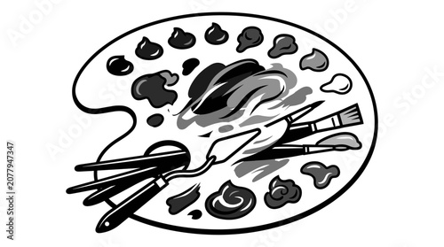 Artist palette with paints and brushes for painting.