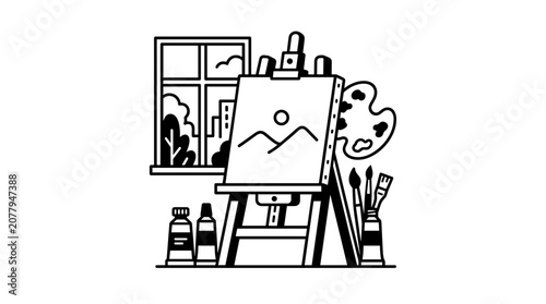 Artist studio easel with painting supplies and window view.