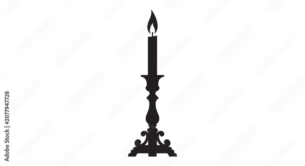 Εκτύπωση καμβά Ornate Candlestick With Flame Black Silhouette candelabra