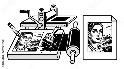 Artistic printing press with portrait artwork and supplies.