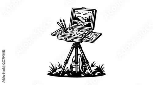 Artists portable easel with painting supplies outdoors.