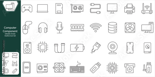 Photos Computer component editable stroke line icon set