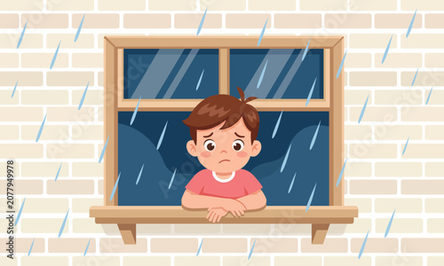 Photos Solitary Reflection in the Rain: A lonely young child gazes out a window with a melancholic expression as rain falls outside, capturing a poignant moment of childhood sadness and introspection