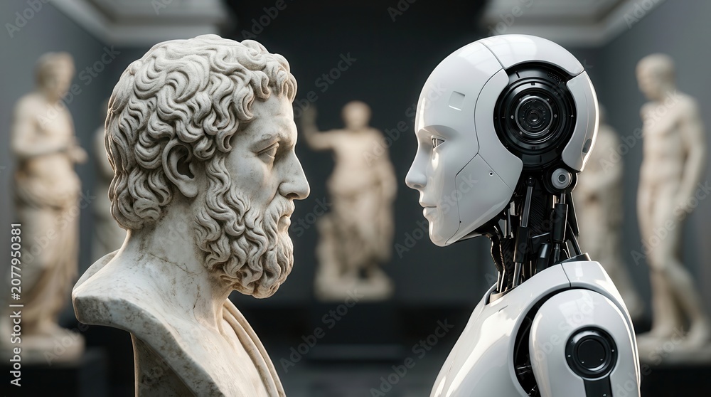 © Sukon - Classical Greek sculpture and a futuristic android statue in an old vs new art dialogue.