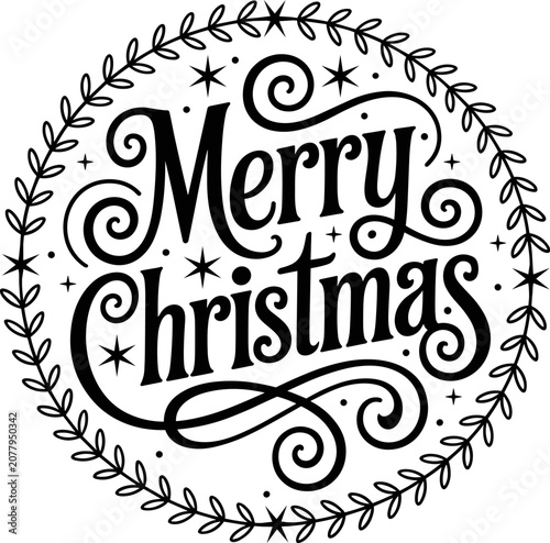 Merry Christmas lettering with decorative wreath and stars during winter holidays Isolated on white background