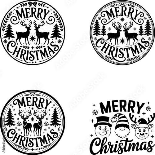 Merry Christmas circular emblems with reindeer and trees during winter holidays concept Vector Silhouette Isolated on white background
