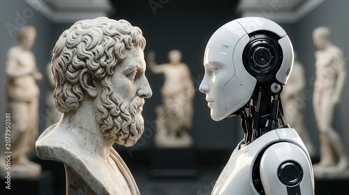 Classical Greek sculpture and a futuristic android statue in an old vs new art dialogue.