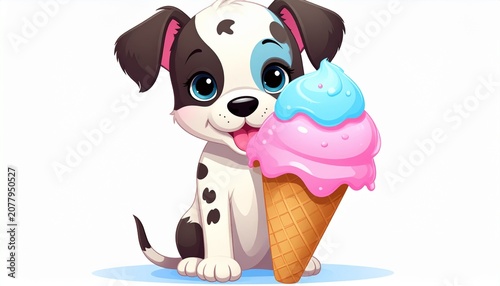 Cute cartoon dog wearing pink party hat and bowtie.