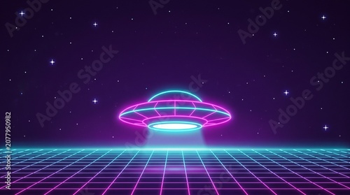 Neon glowing UFO flying over a retro synthwave grid landscape with stars in the dark sky.
