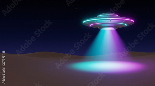 A glowing neon UFO hovers over a dark, desolate landscape, casting vibrant purple and blue light onto the ground.