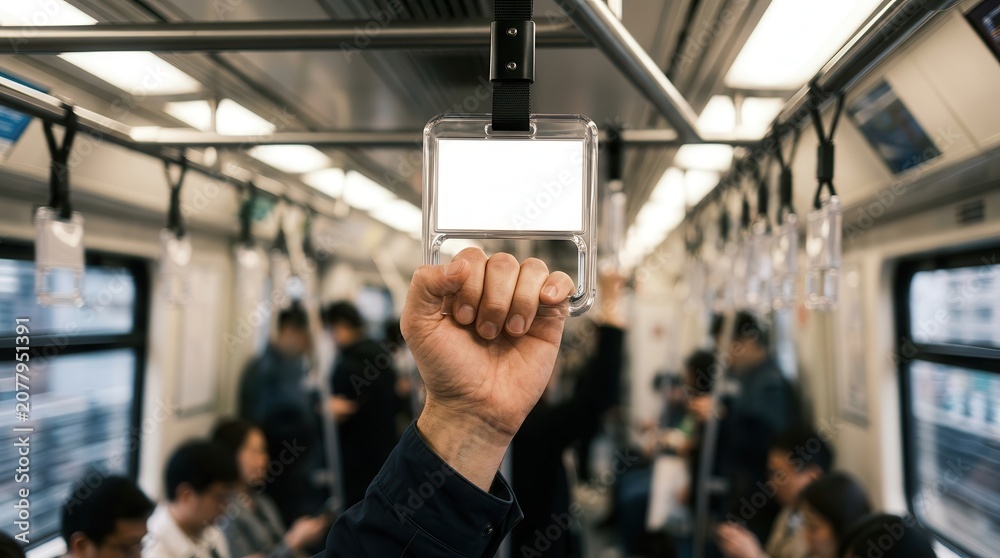 Obraz premium Close-up of a passenger holding a clear hanging strap with an empty area for ads on public transport.