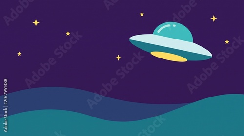 A cartoon UFO flying in a starry night sky above a wavy, dark landscape, illustrating a mysterious alien encounter.