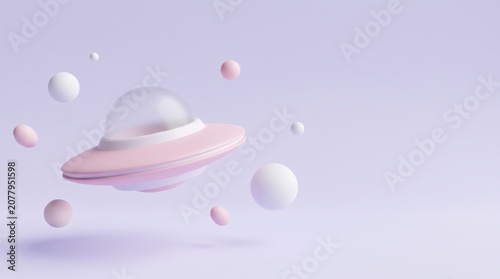 A whimsical pink UFO hovers in a pastel purple void, surrounded by floating spheres of various sizes.
