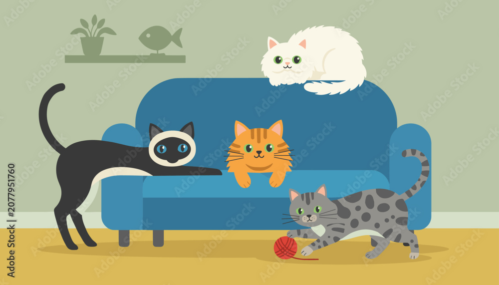 Naklejka premium Group of diverse domestic cats including siamese and striped tabby playing and resting on a blue sofa in a cozy living room.