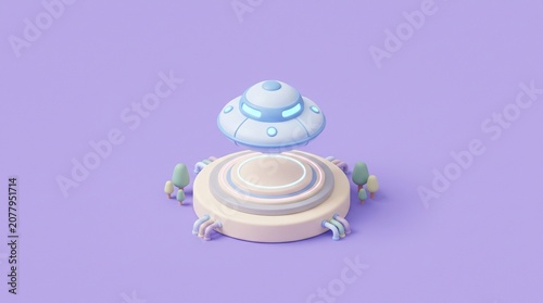 A cute 3D rendered light blue UFO hovering above a beige platform on a purple background.
