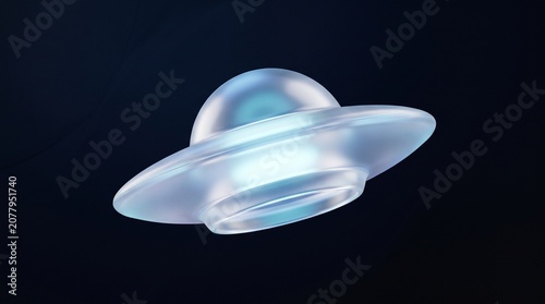 Translucent glowing UFO in classic saucer shape against a dark background, appearing ethereal and futuristic.