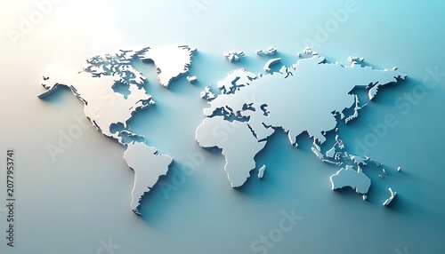 Stylized world map illustration with light blue continents on a light blue background.