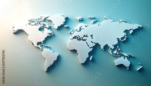 World map continents on blue background digital illustration graphic design concept abstract.