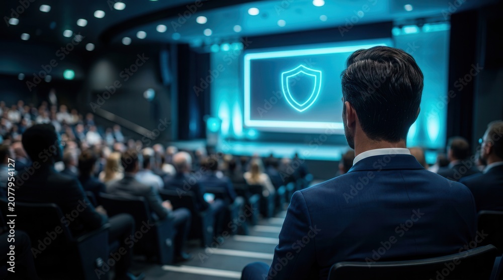Fototapeta premium A professional audience at a business conference listens to a cybersecurity presentation featuring a digital shield icon.