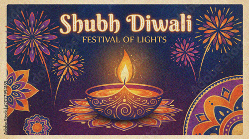 Shubh Diwali Poster with Burning Oil Lamp Fireworks and Mandalas