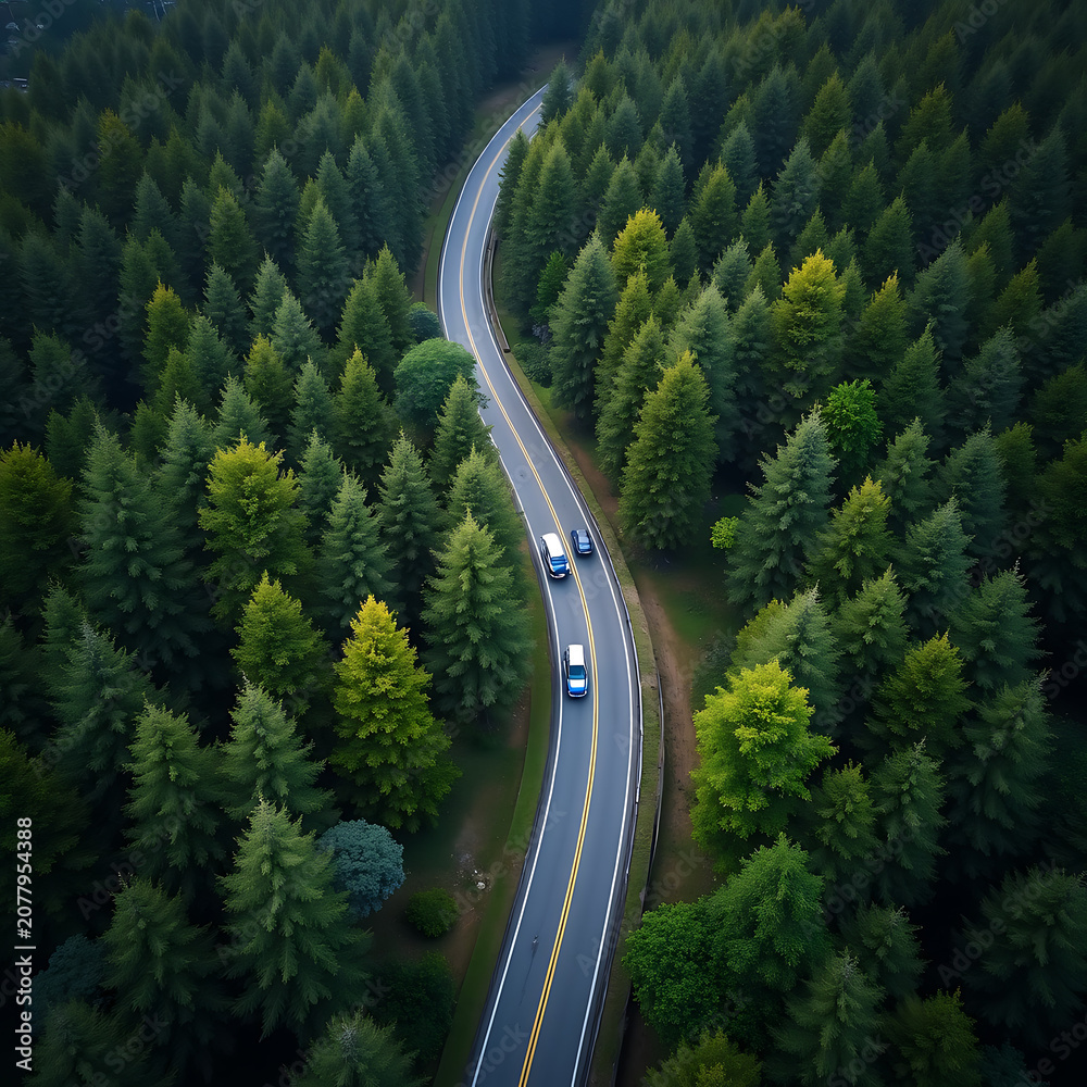 Fototapeta premium High angle view of vehicles traveling on winding asphalt road in forest.