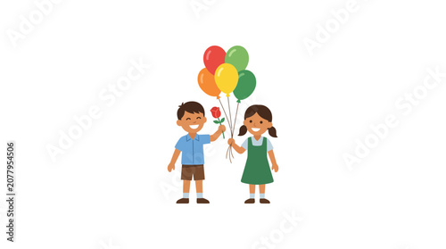 Bilde på lerret Children holding balloons and a rose, celebrating a special occasion with joy and happiness
