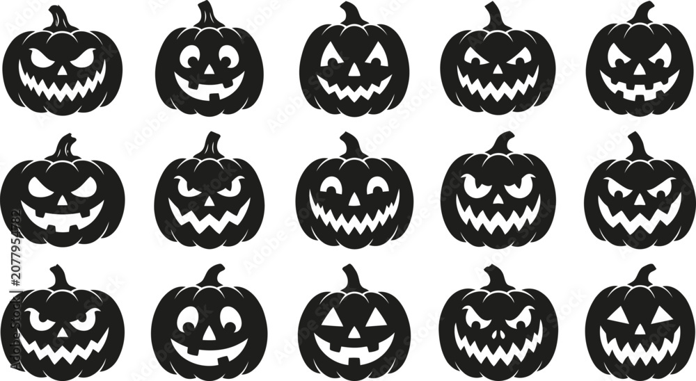 Obraz premium Halloween pumpkin faces collection black silhouettes for spooky decorations and designs