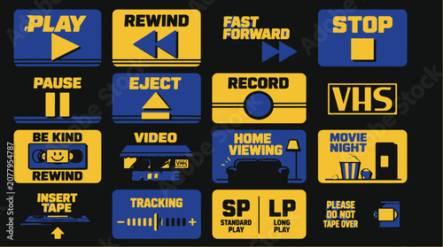 Collection of vintage VHS tape buttons and icons in blue and yellow.