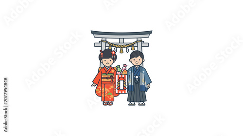 Quadro su tela Children in Traditional Japanese Kimono and Hakama at Shinto Shrine