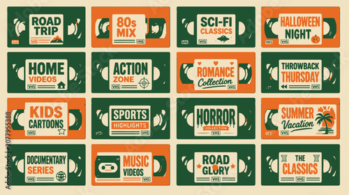Collection of colorful cassette tape labels for music genres and movies.