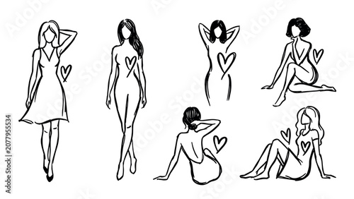 Collection of sketchy female figures in various poses with hearts
