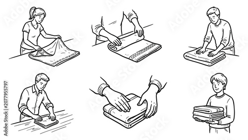 Illustration of people folding and stacking laundry or towels