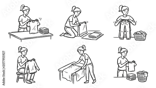 Woman folding laundry and clothes in different poses and settings