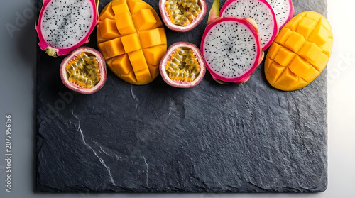 Vibrant display of fresh tropical fruits including mango dragon fruit and passion fruit beautifully arranged on a slate for an appealing culinary presentation