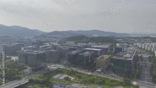 Aerial Drone View of Pangyo Techno Valley IT Industrial Complex and Cityscape in Seongnam, South Korea