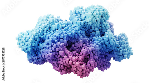 Abstract voxel art cloud structure composed of blue and pink cubic blocks forming a complex geometric shape isolated on a transparent background illustration.