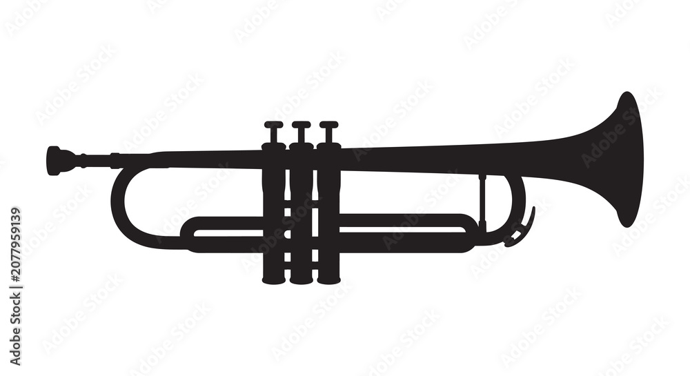 Fototapeta premium Black trumpet instrument silhouette against a white background silhouette