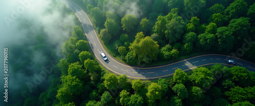 Aerial view of winding road through lush green forest with fog.