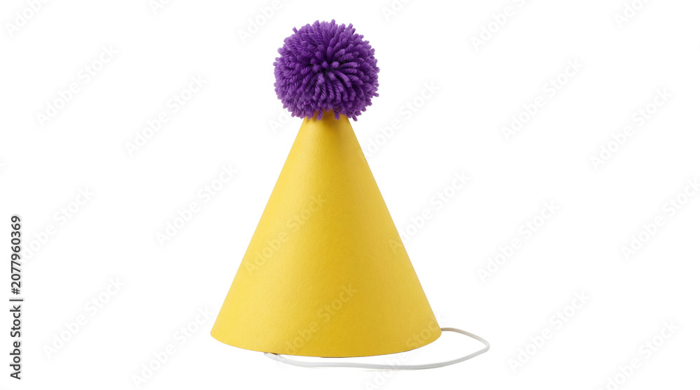 Fototapeta premium Yellow party hat with purple pom pom and elastic strap on transparent background for birthday celebrations and festive event decorations high quality png.